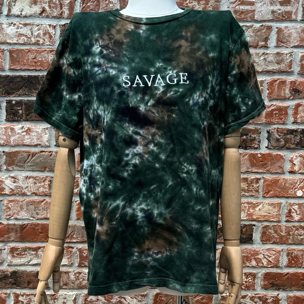 SAVAGE embroidered tie dyed green/brown top by Westy Co / M /Excellent condition